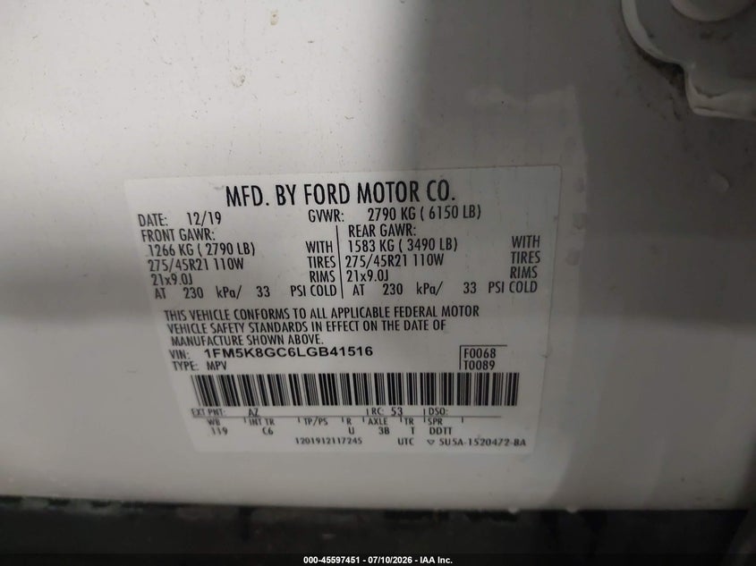 2020 Ford Explorer VIN 1FM5K8GC6LGB41516 IAAI salvage auction — HAIL, Wait Title, sold $12,000 on 2026-08-22 (photo 9)