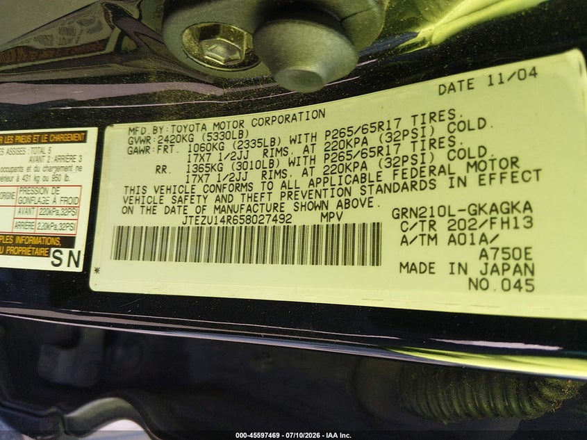 2005 Toyota 4runner VIN JTEZU14R658027492 IAAI salvage auction — REAR END, Salvage Certificate (California), sold $2,000 on 2026-07-17 (photo 9)