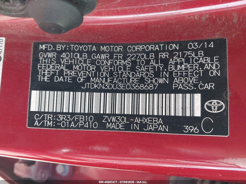 2014 Toyota Prius VIN JTDKN3DU3E0368687 IAAI salvage auction — NORMAL WEAR, Clear (Florida), sold $1,200 on 2026-07-30 (photo 9)