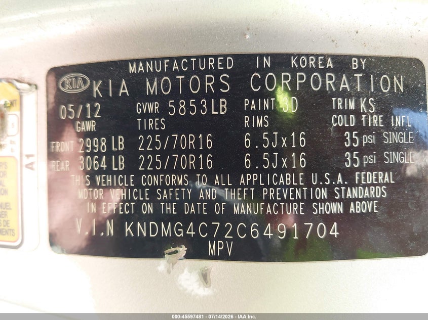 2012 Kia SEDONA VIN KNDMG4C72C6491704 IAAI salvage auction — FRONT END, Salvage (Ohio), sold $350 on 2026-07-25 (photo 9)