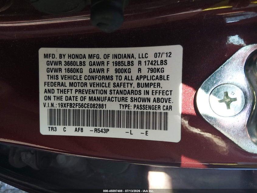 2012 Honda Civic VIN 19XFB2F56CE082881 IAAI salvage auction — FRONT END, Salvage (Arkansas), sold $1,350 on 2026-07-30 (photo 9)