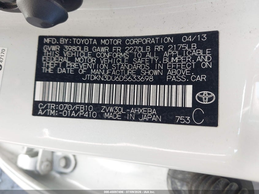 2013 Toyota Prius VIN JTDKN3DU6D5633698 IAAI salvage auction — LEFT FRONT, Salvage (California), sold $1,350 on 2026-07-29 (photo 9)