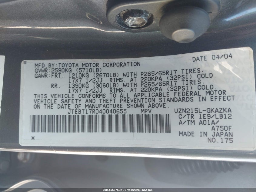 2004 Toyota 4runner VIN JTEBT17R040040655 IAAI salvage auction — NORMAL WEAR, Clear-Endorsement (Wisconsin), sold $25 on 2026-07-23 (photo 9)