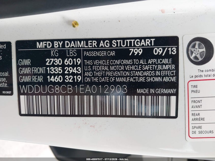 2014 Mercedes-benz S-klasse VIN WDDUG8CB1EA012903 IAAI salvage auction — SIDE, Salvage Title, sold $9,300 on 2026-08-12 (photo 9)