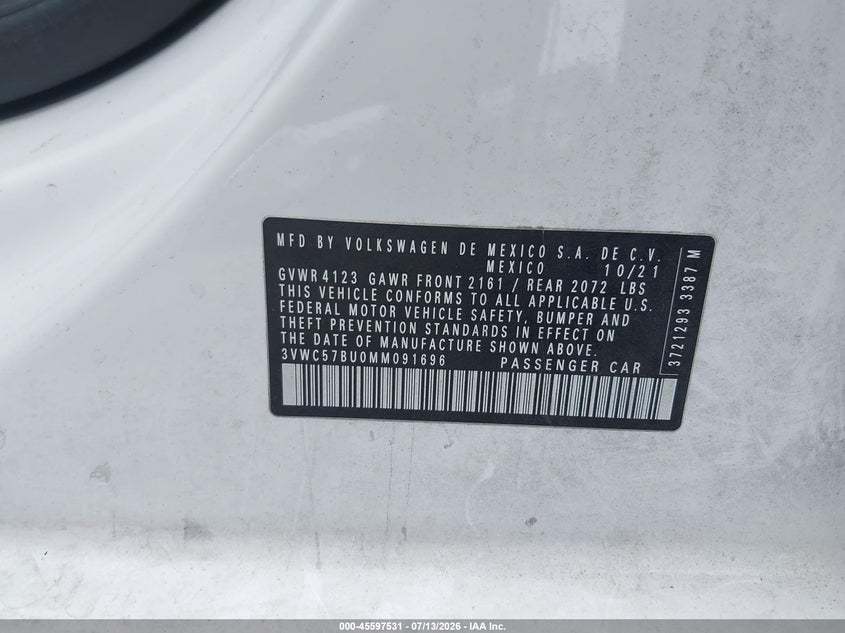 2021 Volkswagen Jetta VIN 3VWC57BU0MM091696 IAAI salvage auction — FRONT END, Salvage Certificate (California), sold $1,600 on 2026-08-01 (photo 9)