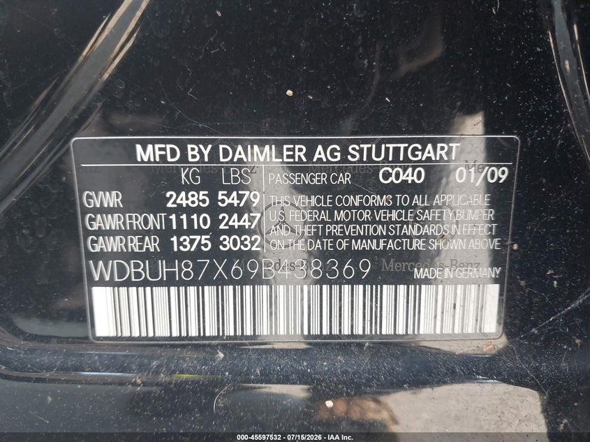 2009 Mercedes-benz E-klasse VIN WDBUH87X69B438369 IAAI salvage auction — NORMAL WEAR, Clear, sold $650 on 2026-07-20 (photo 9)