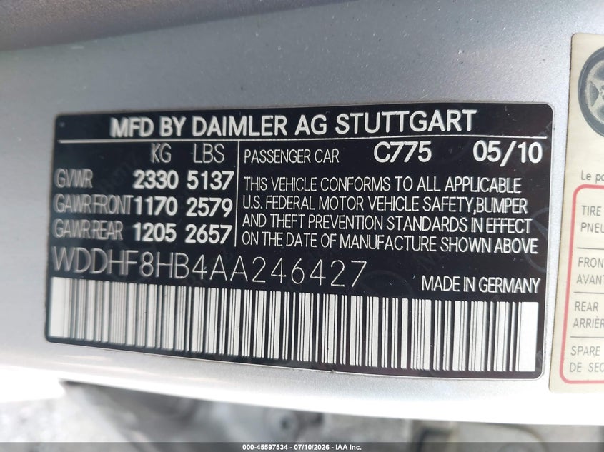 2010 Mercedes-benz E-class VIN WDDHF8HB4AA246427 IAAI salvage auction — NORMAL WEAR, Clear (Illinois), sold $1,150 on 2026-07-15 (photo 9)