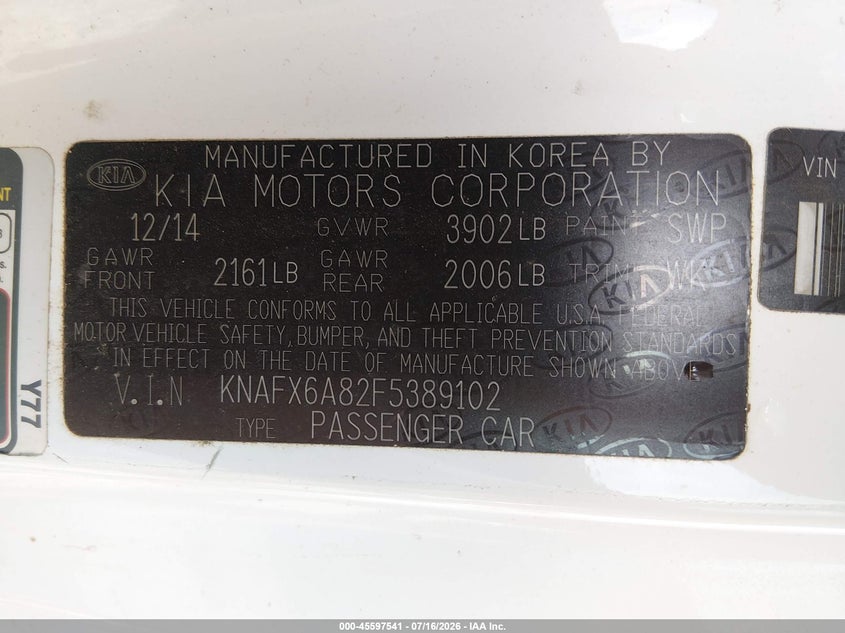 2015 Kia Forte VIN KNAFX6A82F5389102 IAAI salvage auction — FRONT END, Clear (Arkansas), sold $1,250 on 2026-07-31 (photo 9)