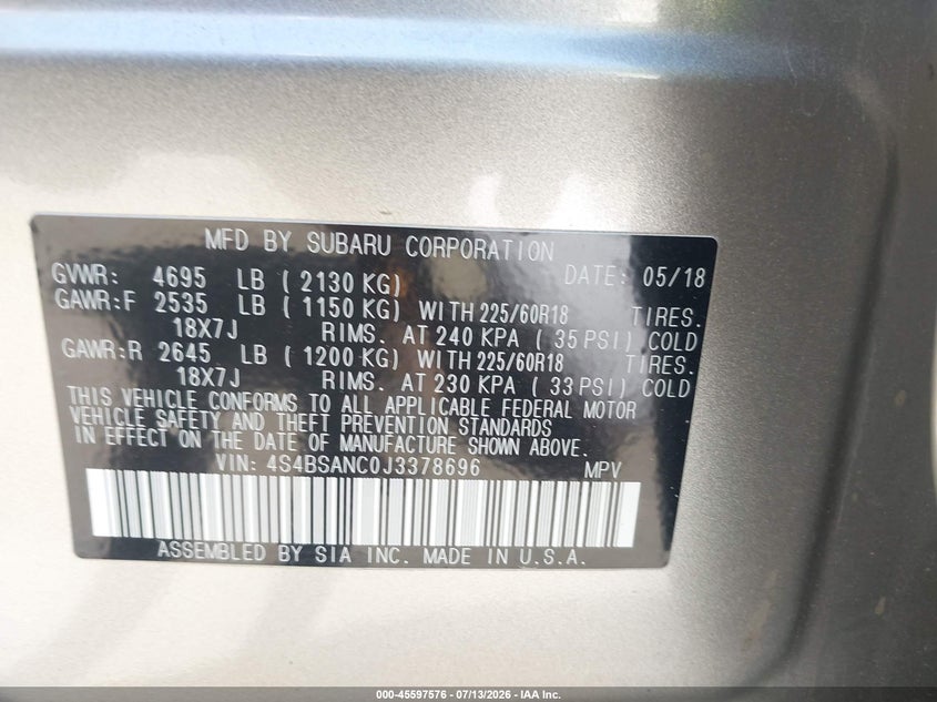2018 Subaru Outback VIN 4S4BSANC0J3378696 IAAI salvage auction — SIDE, Salvage Title, sold $5,500 on 2026-08-20 (photo 9)