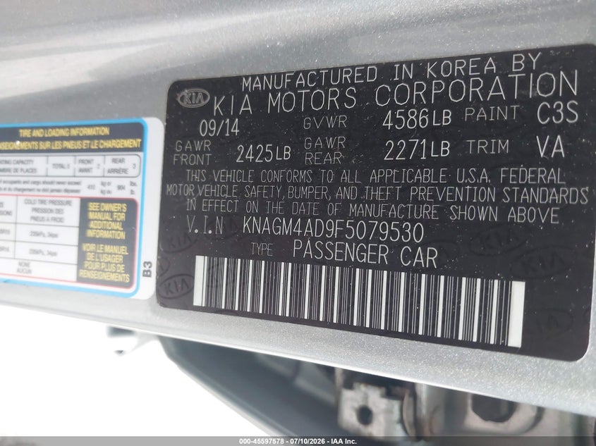2015 Kia Optima VIN KNAGM4AD9F5079530 IAAI salvage auction — NORMAL WEAR, Clear (Indiana), sold $425 on 2026-07-29 (photo 9)