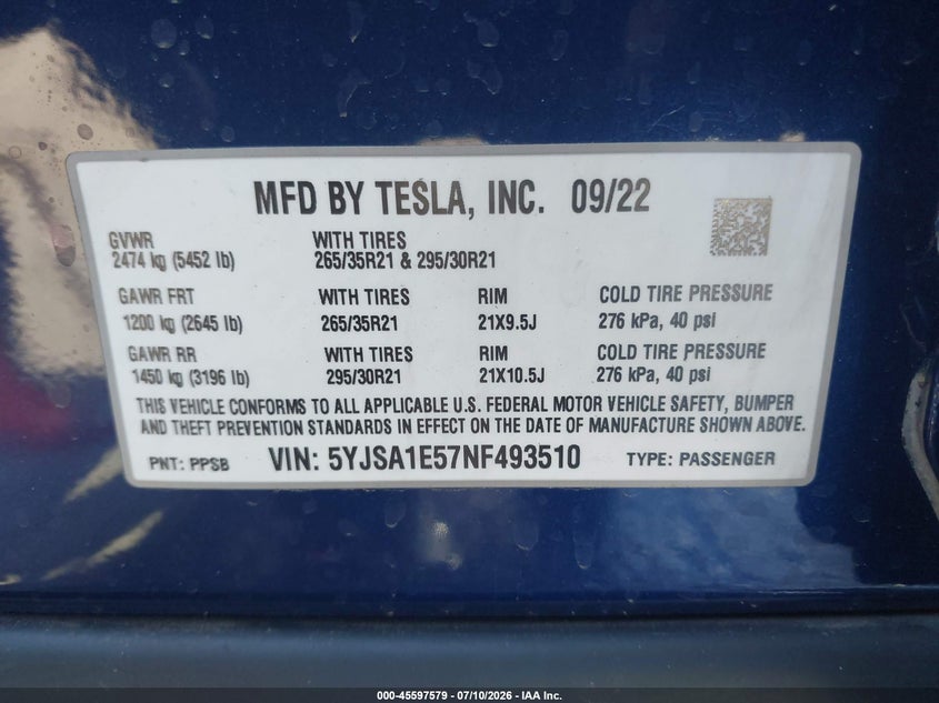 2022 Tesla Model s VIN 5YJSA1E57NF493510 IAAI salvage auction — LEFT FRONT, Salvage (Arizona), sold $7,600 on 2026-07-23 (photo 9)