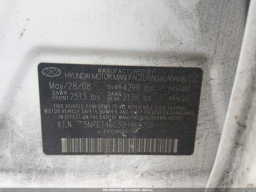 2009 Hyundai Sonata VIN 5NPET46C39H468276 IAAI salvage auction — NORMAL WEAR, Clear (North Carolina), sold $225 on 2026-07-22 (photo 9)