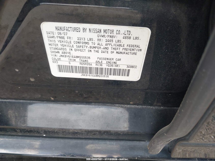 2008 Infiniti G35 VIN JNKBV61E48M200535 IAAI salvage auction — NORMAL WEAR, Original (Texas), sold $75 on 2026-07-22 (photo 9)
