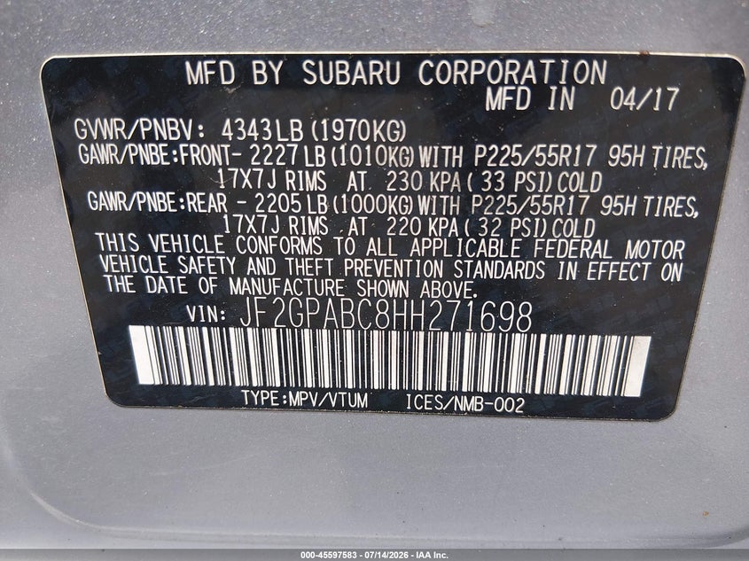 2017 Subaru Xv VIN JF2GPABC8HH271698 IAAI salvage auction — RIGHT SIDE, Salvage Title, sold $2,200 on 2026-08-03 (photo 9)