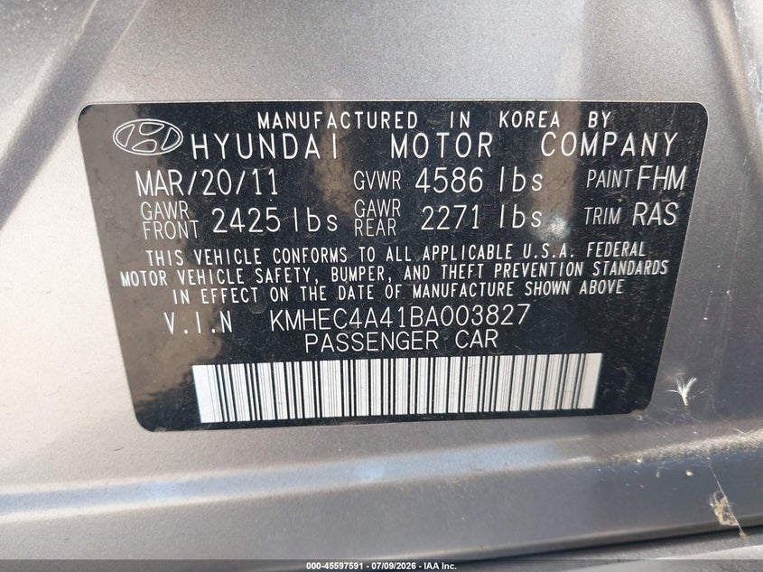 2011 Hyundai Sonata hybrid VIN KMHEC4A41BA003827 IAAI salvage auction — NORMAL WEAR, Clear - Dealer Only (California), sold $1,000 on 2026-07-29 (photo 9)