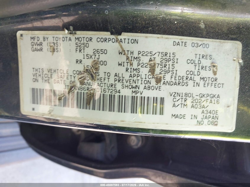 2000 Toyota 4runner VIN JT3GN86R3Y0167294 IAAI salvage auction — NORMAL WEAR, Clear-Dealer Only (North Carolina), sold $350 on 2026-07-29 (photo 9)
