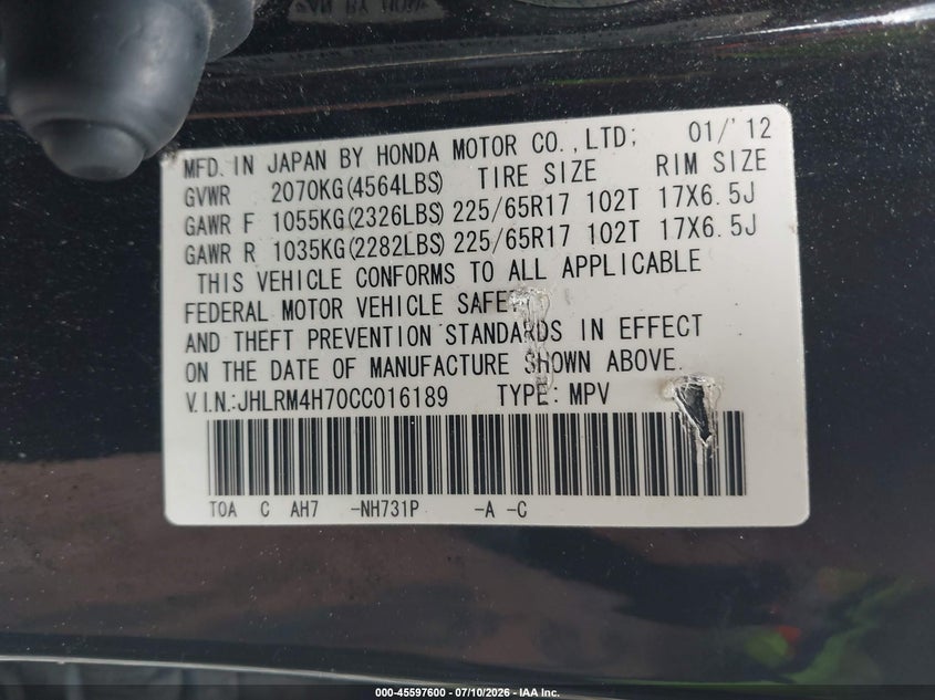 2012 Honda Cr-v VIN JHLRM4H70CC016189 IAAI salvage auction — FRONT & REAR, Clear (Illinois), sold $2,000 on 2026-07-14 (photo 9)