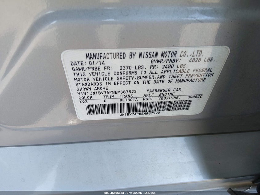 2014 Infiniti Q50 VIN JN1BV7AP8EM687522 IAAI salvage auction — FRONT END, Salvage Title, sold $25 on 2026-07-24 (photo 9)
