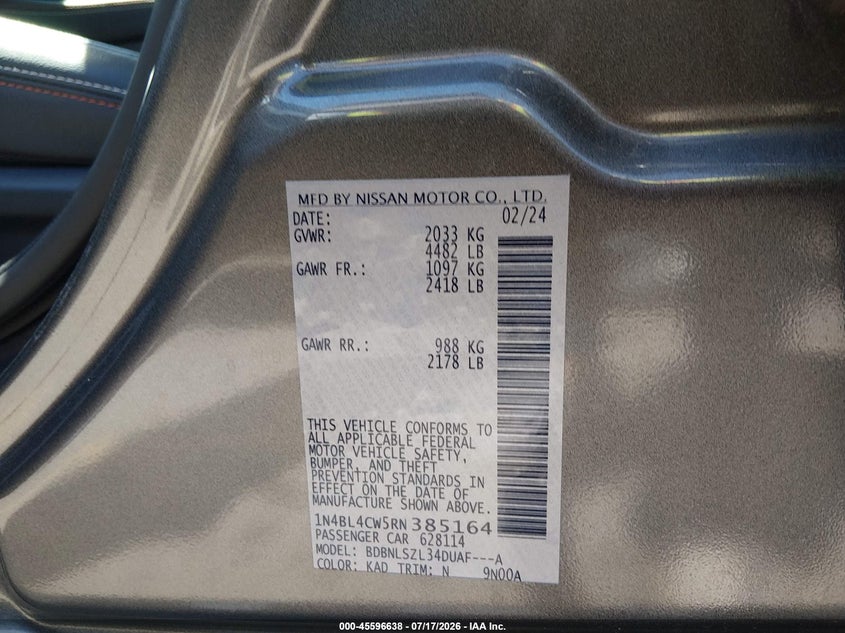 2024 Nissan Altima VIN 1N4BL4CW5RN385164 IAAI salvage auction — HAIL, Salvage Title, sold $12,600 on 2026-09-01 (photo 9)