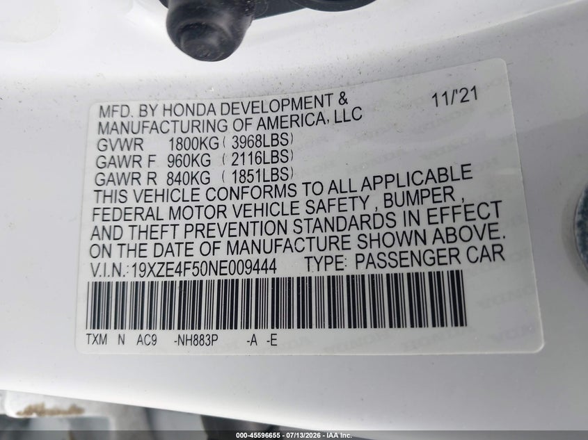 2022 Honda Insight VIN 19XZE4F50NE009444 IAAI salvage auction — FRONT END, Salvage Title, sold $7,800 on 2026-08-14 (photo 9)