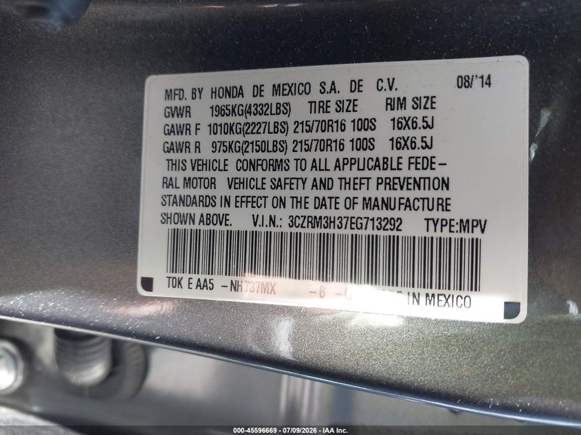 2014 Honda Cr-v VIN 3CZRM3H37EG713292 IAAI salvage auction — FRONT END, Salvage Certificate (California), sold $3,500 on 2026-07-22 (photo 9)
