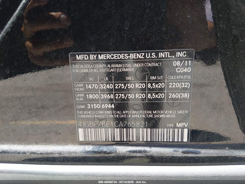 2012 Mercedes-benz Gl-klasse VIN 4JGBF7BE1CA765821 IAAI salvage auction — FRONT END, Salvage (Colorado), sold $1,800 on 2026-08-28 (photo 9)