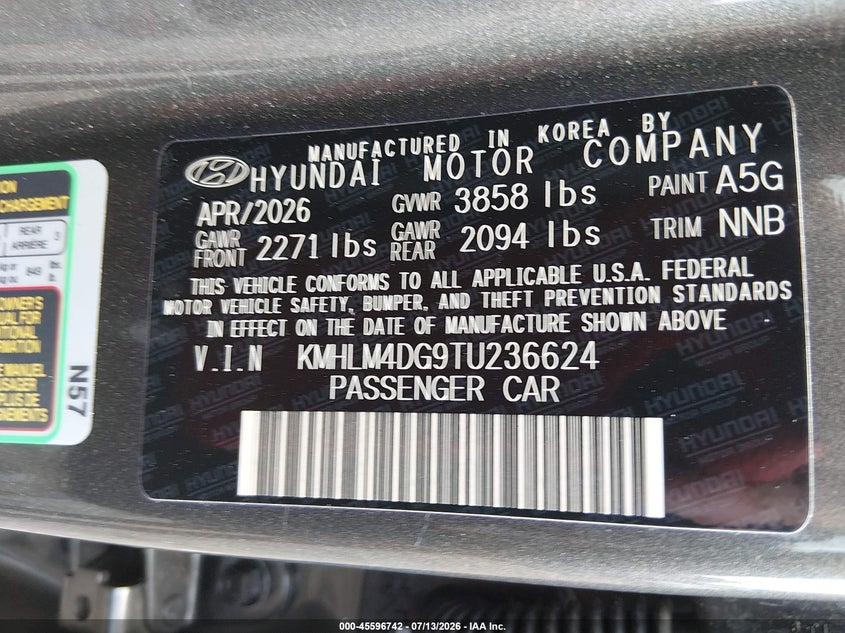 2026 Hyundai Elantra VIN KMHLM4DG9TU236624 IAAI salvage auction — LEFT REAR, Salvage Title, sold $13,800 on 2026-07-15 (photo 9)