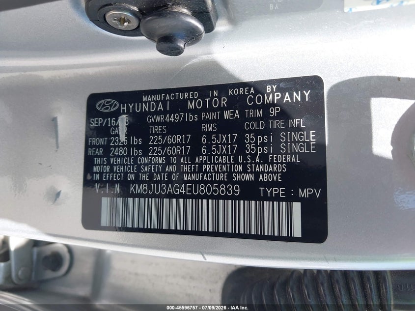 2014 Hyundai Tucson VIN KM8JU3AG4EU805839 IAAI salvage auction — NORMAL WEAR, Clear - Dealer Only (California), sold $2,050 on 2026-07-27 (photo 9)