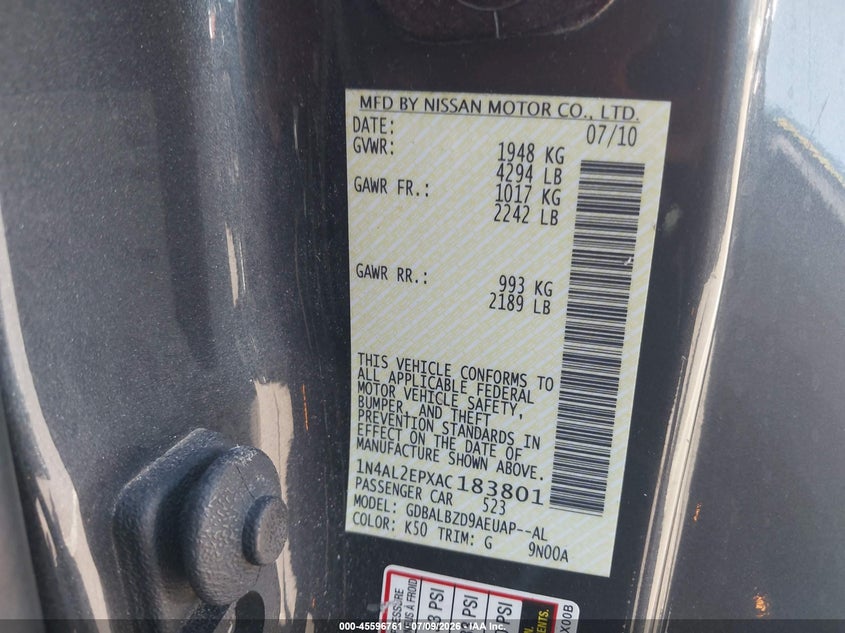 2010 Nissan Altima VIN 1N4AL2EPXAC183801 IAAI salvage auction — LEFT FRONT, Salvage (Arizona), sold $450 on 2026-07-19 (photo 9)