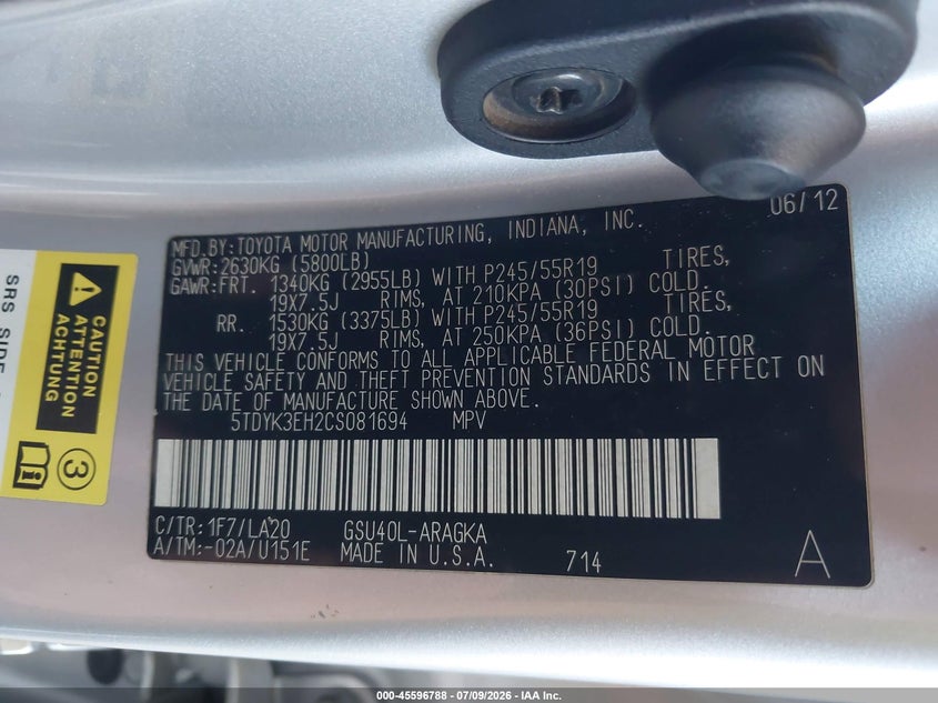 2012 Toyota Highlander VIN 5TDYK3EH2CS081694 IAAI salvage auction — FRONT END, Salvage (California), sold $2,900 on 2026-07-28 (photo 9)
