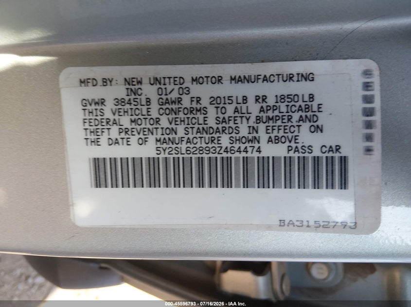 2003 Pontiac Vibe VIN 5Y2SL62893Z464474 IAAI salvage auction — NORMAL WEAR, Clear (Arizona), sold $25 on 2026-07-28 (photo 9)