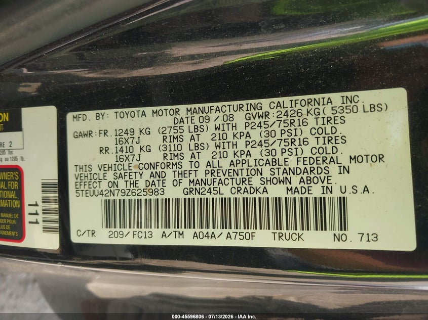 2009 Toyota Tacoma VIN 5TEUU42N79Z625983 IAAI salvage auction — FRONT END, Mv-907A (New York), sold $2,150 on 2026-07-30 (photo 9)