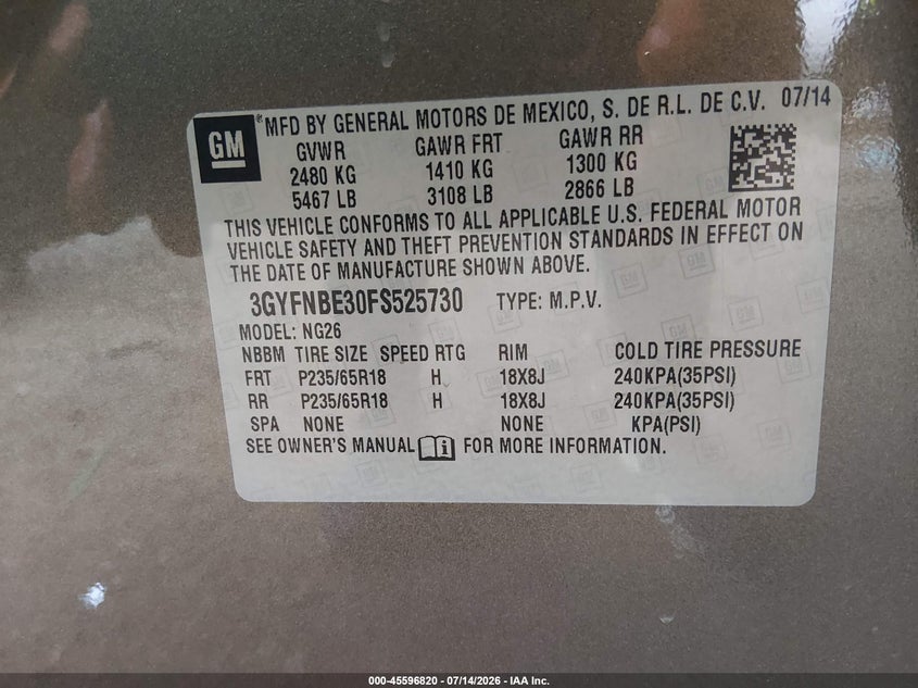 2015 Cadillac Srx VIN 3GYFNBE30FS525730 IAAI salvage auction — FRONT END, Salvage (Louisiana), sold $2,400 on 2026-07-19 (photo 9)
