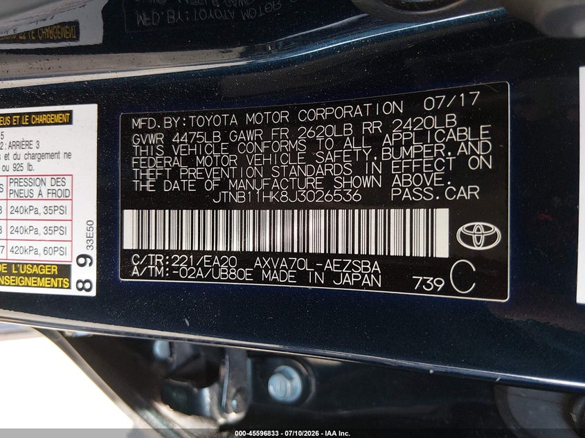 2018 Toyota Camry VIN JTNB11HK8J3026536 IAAI salvage auction — LEFT SIDE, Salvage (California), sold $3,075 on 2026-07-30 (photo 9)