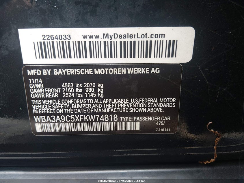 2015 BMW 3er VIN WBA3A9C5XFKW74818 IAAI salvage auction — FRONT END, Clear (Arkansas), sold $1,400 on 2026-08-19 (photo 9)