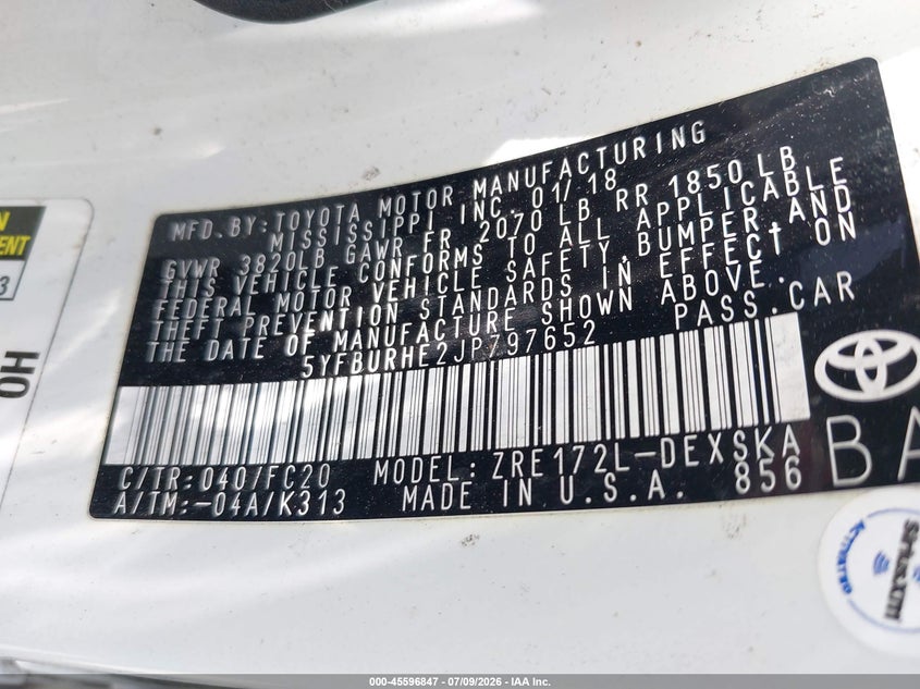 2018 Toyota Corolla VIN 5YFBURHE2JP797652 IAAI salvage auction — FRONT END, Salvage Certificate (California), sold $3,800 on 2026-07-26 (photo 9)