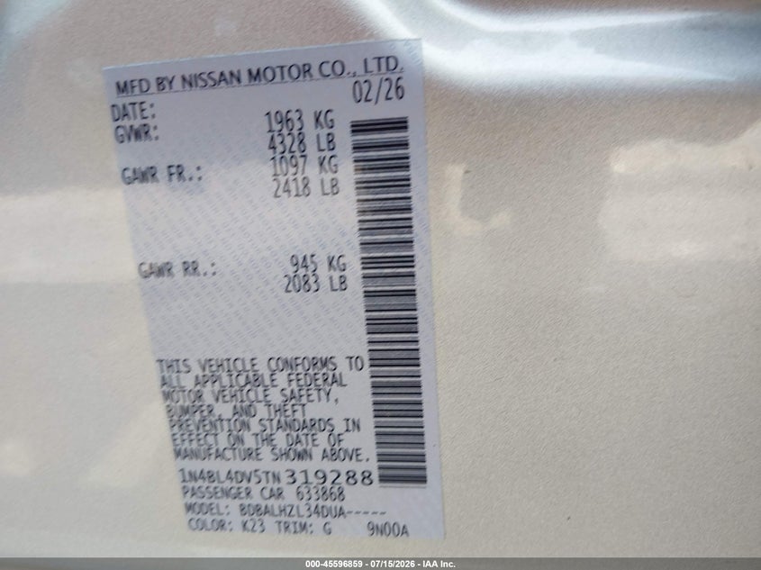 2026 Nissan Altima VIN 1N4BL4DV5TN319288 IAAI salvage auction — SIDE, Certificate Of Destruction (Florida), sold $4,850 on 2026-07-19 (photo 9)