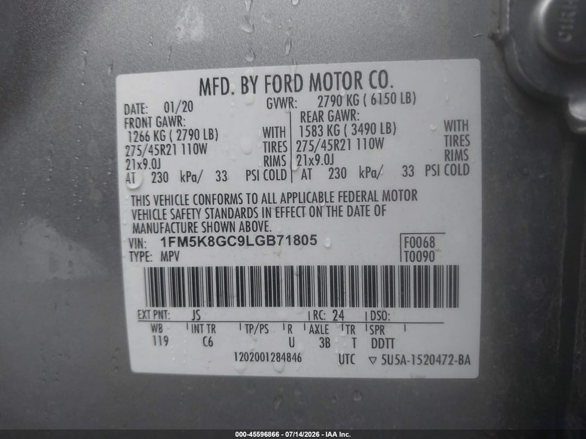 2020 Ford Explorer VIN 1FM5K8GC9LGB71805 IAAI salvage auction — FRONT END, Salvage (Louisiana), sold $8,400 on 2026-07-29 (photo 9)