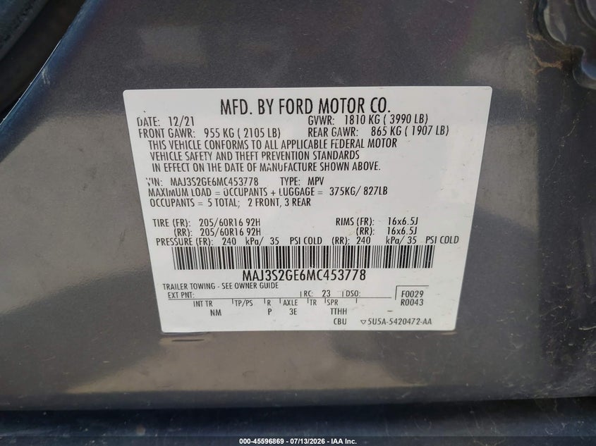 2021 Ford Ecosport VIN MAJ3S2GE6MC453778 IAAI salvage auction — FRONT END, Certificate Of Destruction (Florida), sold $425 on 2026-07-22 (photo 9)