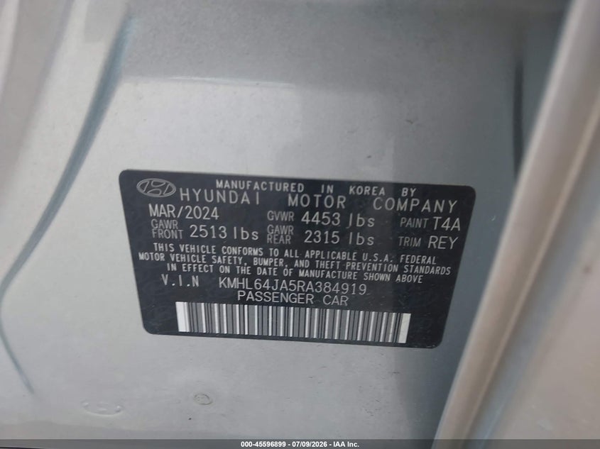 2024 Hyundai Sonata VIN KMHL64JA5RA384919 IAAI salvage auction — REAR END, Salvage Title, sold $9,550 on 2026-07-15 (photo 9)