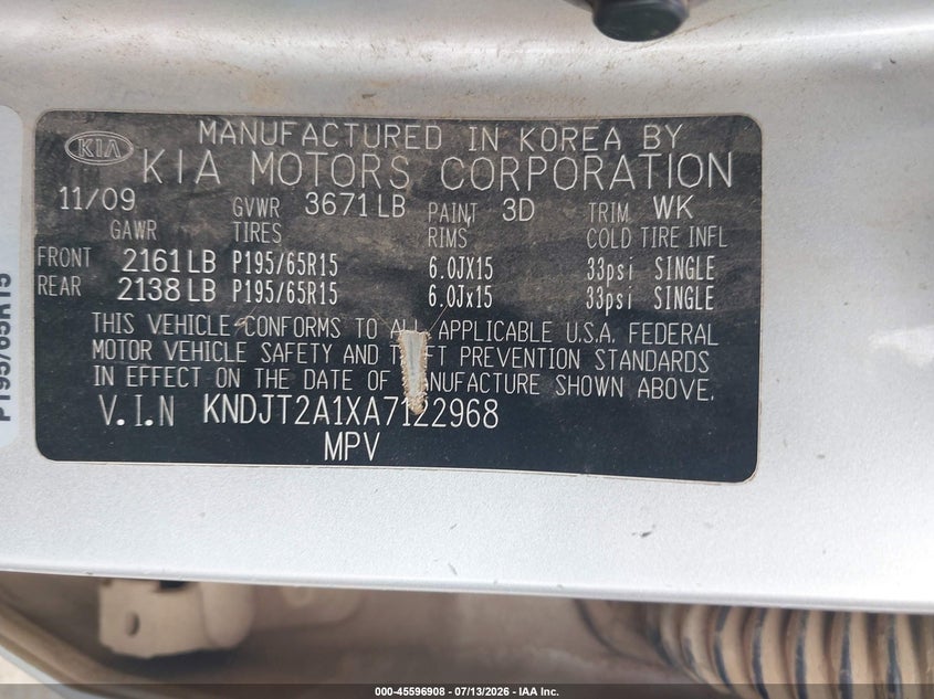 2010 Kia Soul VIN KNDJT2A1XA7122968 IAAI salvage auction — NORMAL WEAR, Clear - Dealer Only (California), sold $125 on 2026-07-29 (photo 9)