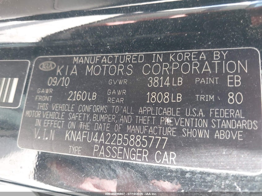 2011 Kia Forte VIN KNAFU4A22B5885777 IAAI salvage auction — NORMAL WEAR, Original (Texas), sold $50 on 2026-07-20 (photo 9)
