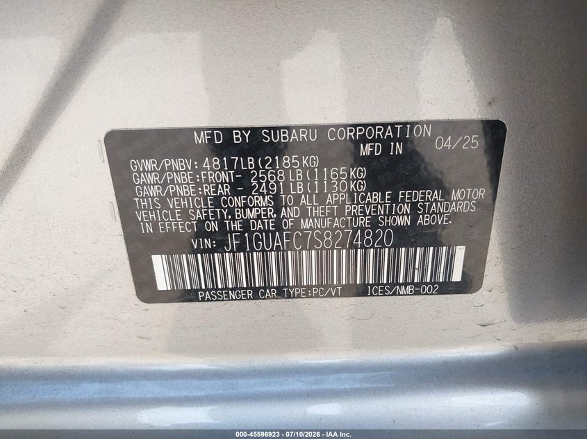 2025 Subaru Impreza VIN JF1GUAFC7S8274820 IAAI salvage auction — BIO HAZARD, Clear (California), sold $15,000 on 2026-08-12 (photo 9)