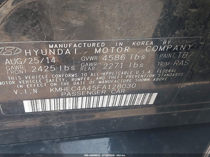 2015 Hyundai Sonata hybrid VIN KMHEC4A45FA128030 IAAI salvage auction — NORMAL WEAR, Clear (Pennsylvania), sold $475 on 2026-07-30 (photo 9)