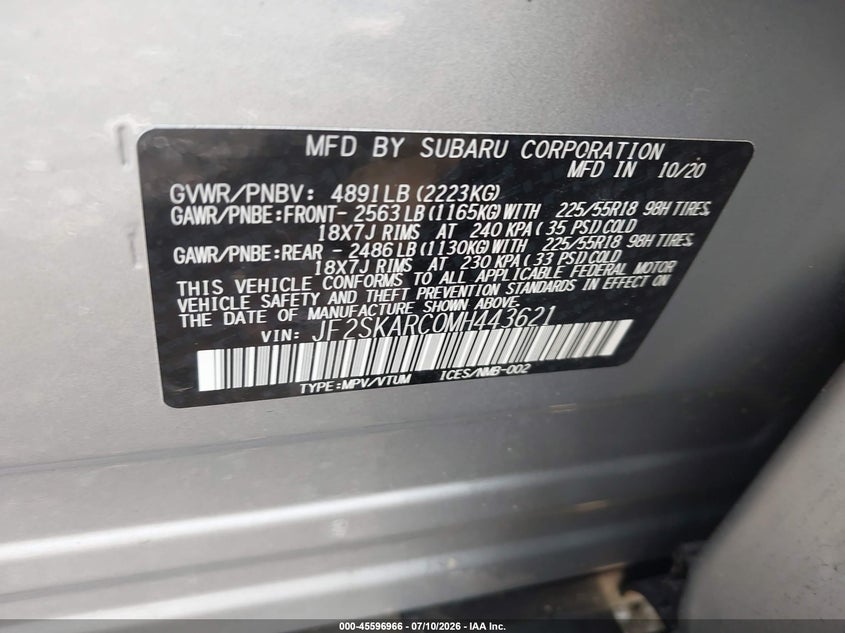 2021 Subaru Forester VIN JF2SKARC0MH443621 IAAI salvage auction — FRONT END, Salvage Title, sold $1,050 on 2026-07-28 (photo 9)