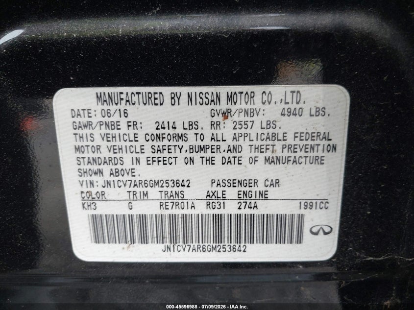 2016 Infiniti Q50 VIN JN1CV7AR6GM253642 IAAI salvage auction — WATER/FLOOD, Salvage (Pennsylvania), sold $2,250 on 2026-07-28 (photo 9)