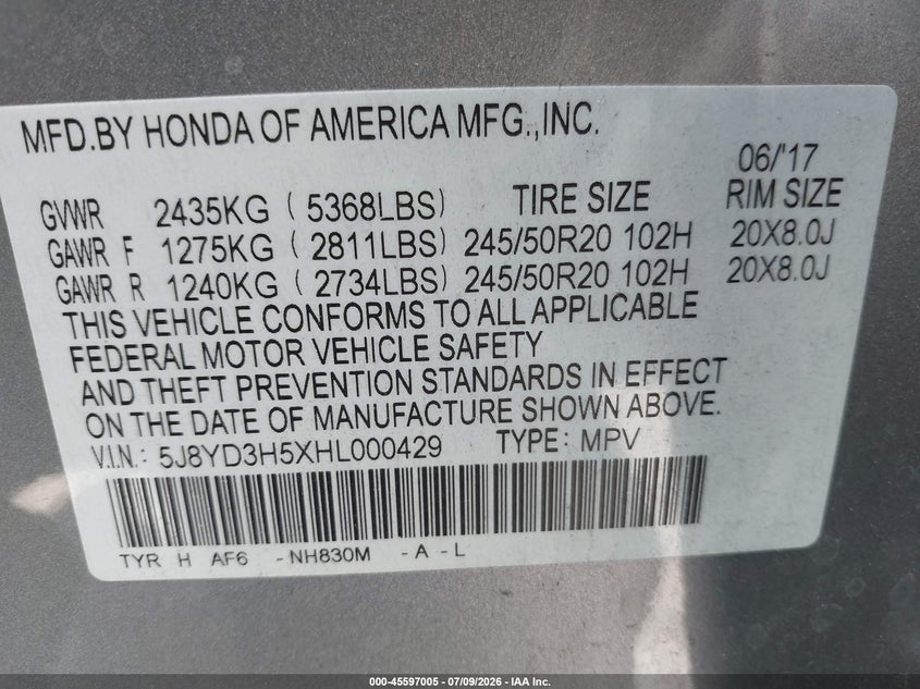 2017 Acura Mdx VIN 5J8YD3H5XHL000429 IAAI salvage auction — FRONT END, Salvage Certificate (California), sold $6,800 on 2026-07-31 (photo 9)