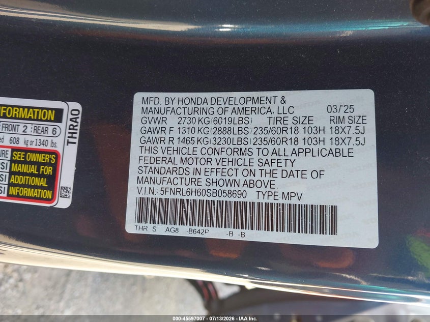 2025 Honda Odyssey VIN 5FNRL6H60SB058690 IAAI salvage auction — FRONT END, Enterprise Vehicles Clear Only (Minnesota), sold $15,050 on 2026-07-29 (photo 9)