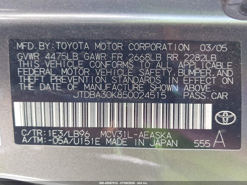 2005 Toyota Camry VIN JTDBA30K850024515 IAAI salvage auction — NORMAL WEAR, Clear (Washington), sold $375 on 2026-07-29 (photo 9)