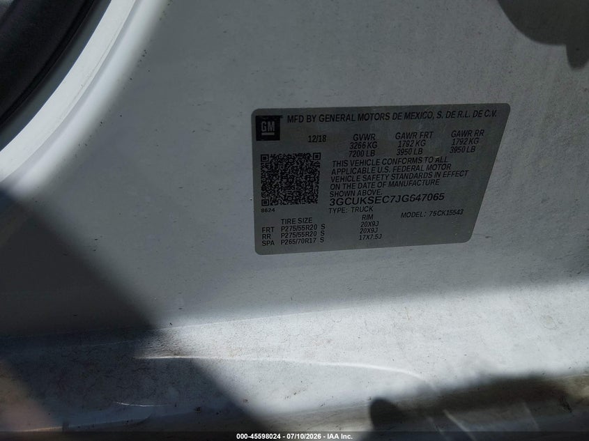 2018 Chevrolet Silverado 1500 VIN 3GCUKSEC7JG647065 IAAI salvage auction — NORMAL WEAR, Original (Texas), sold $13,100 on 2026-07-29 (photo 9)